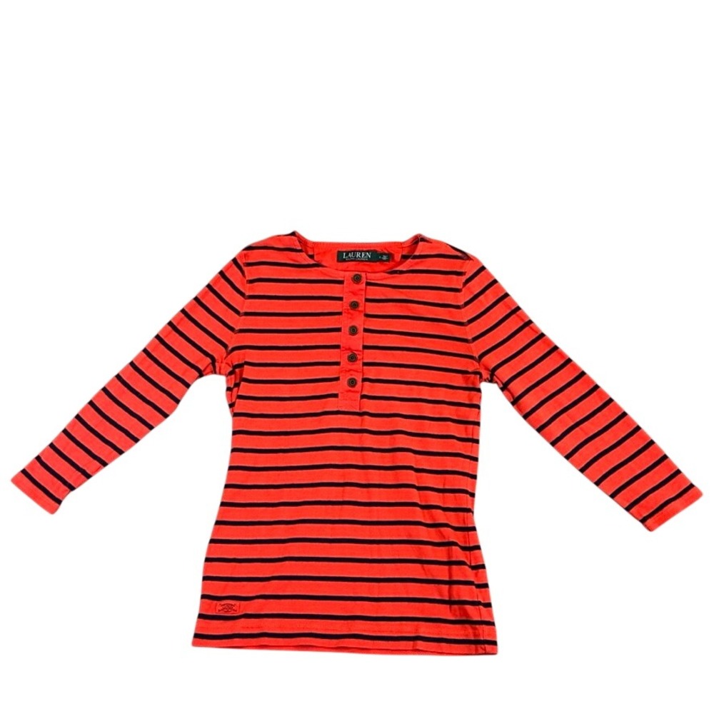 Lauren Ralph Lauren Orange Navy Blue Striped Henley Long Sleeve Shirt Small